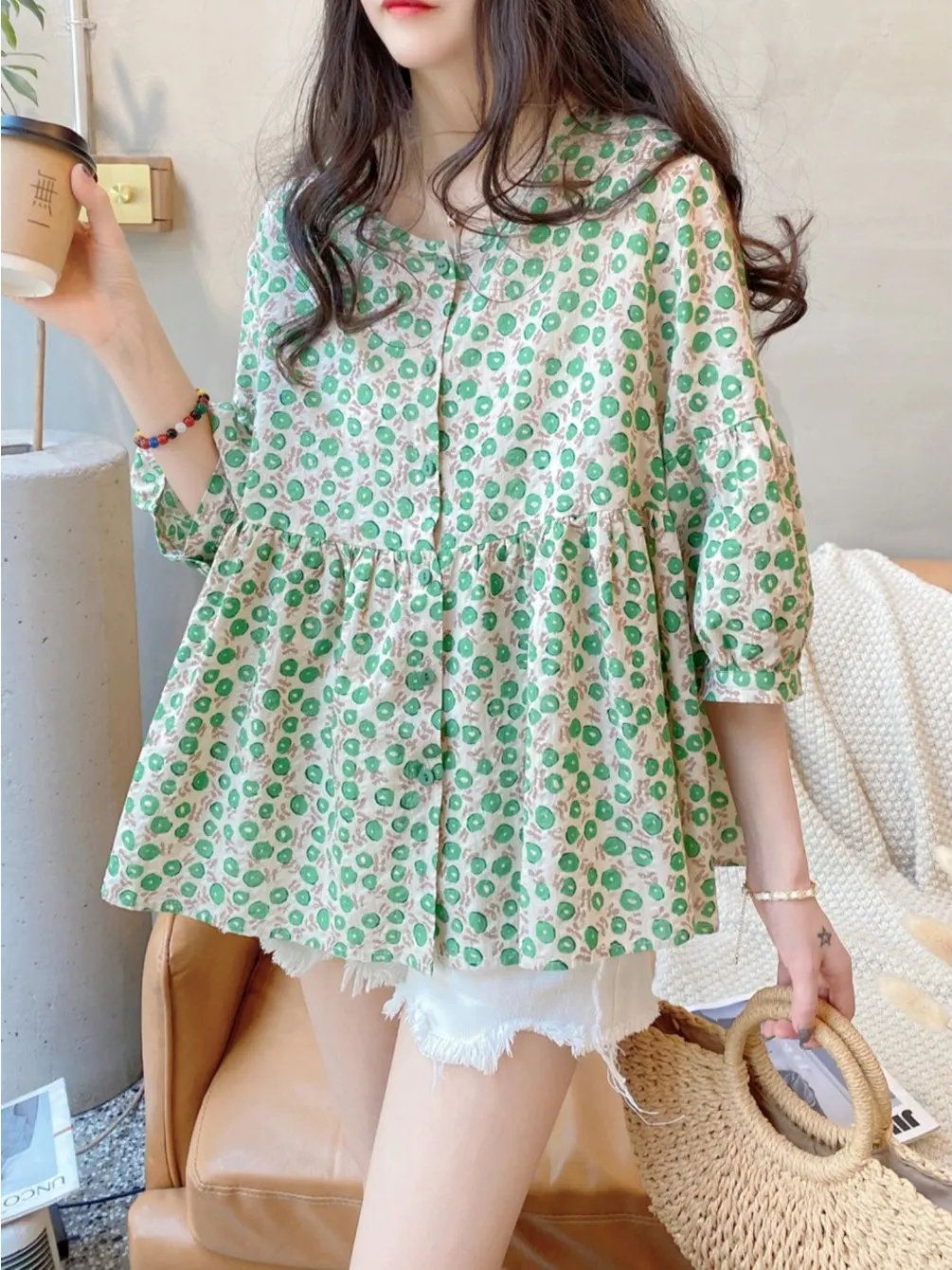 

Faionable High-End Spring 2025 Women's Design Lantern Sve Doll irt Floral Cotton Linen Blouse Loose Fit Regular Length