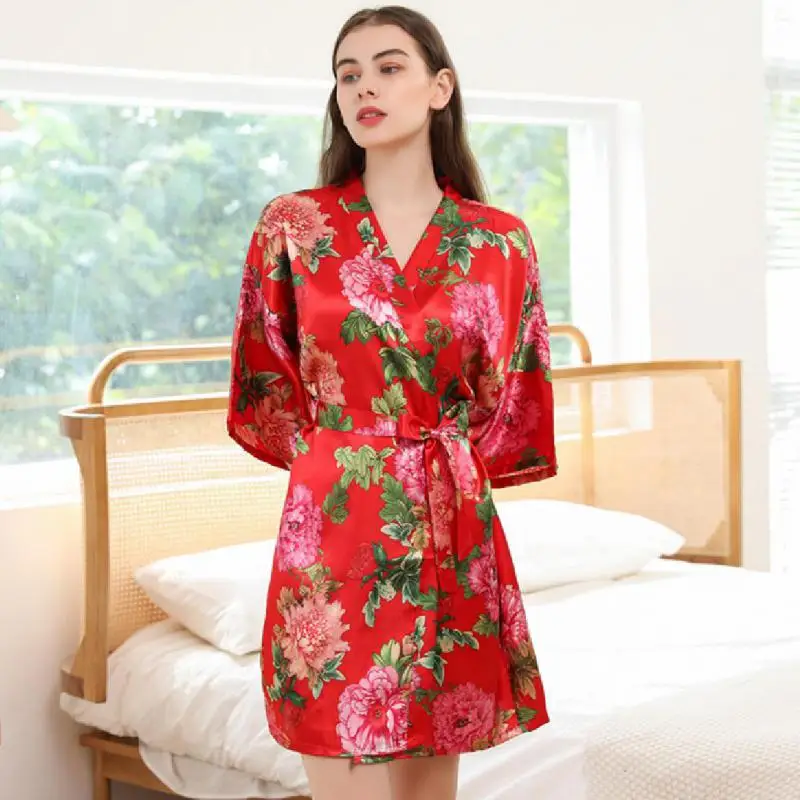 Loose Bathrobe Sexy Print Flower Women Kimono Robe Gown Satin Silk Intimate Lingerie Nightgown Soft Home Dressing Gown