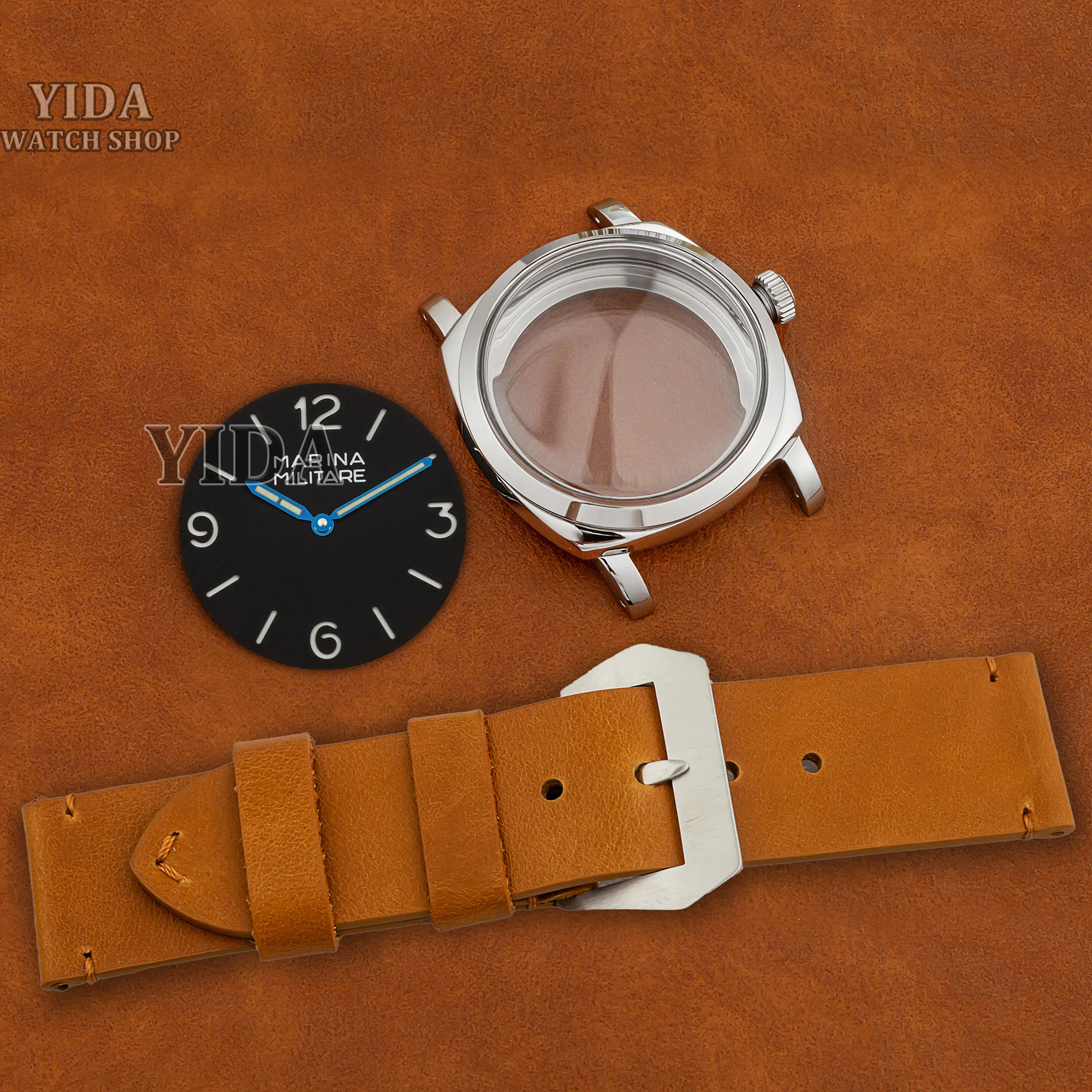 

47MM Watch Case Genuine Leather Bracelet Luminous Dial Hands 10ATM Waterproof For PAM Vintage 6152 ETA 6497/6498 ST3600 Movement