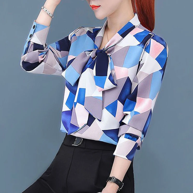 Women\'s Korean Fashion Print Bow Lace Up Elegant Blouse Spring Autumn Office Lady Casual Long Sleeve Shirt Loose Chiffon Blusas