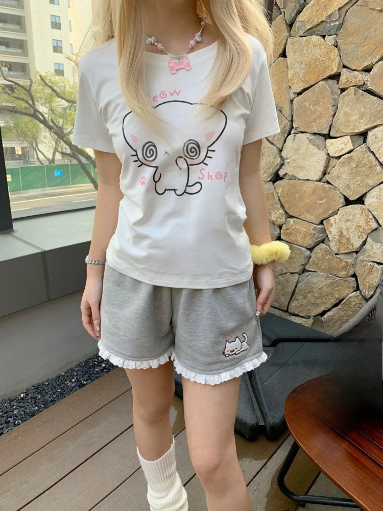 الصيف Harajuku خمر الكرتون طباعة تي شيرت Preppy نمط الأبيض Y2k الجمالية بلايز عادية المرأة الجرونج Kawaii لطيف القمم