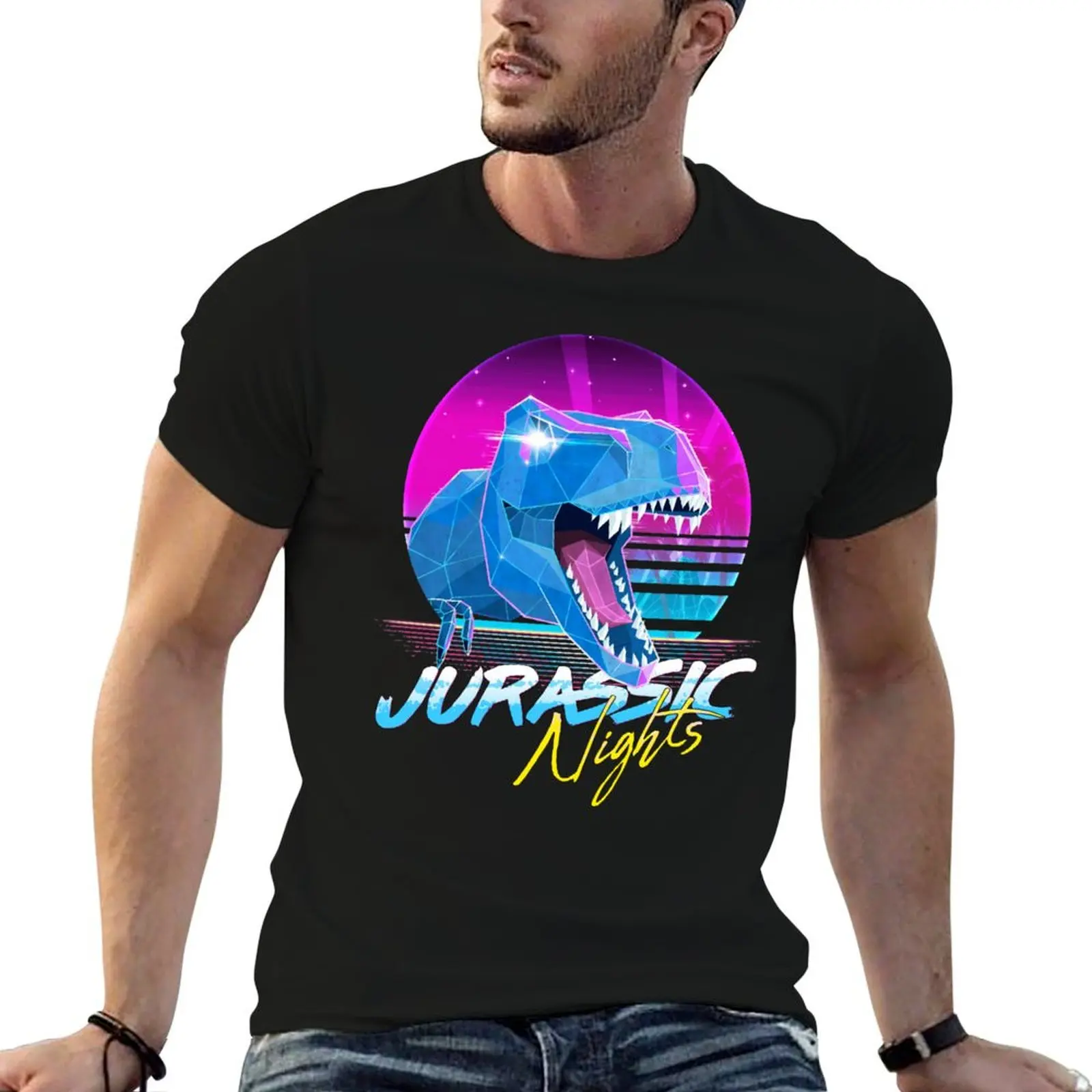 Rad T-Rex - Jurassic Nights T-Shirt Modern Print Casual T-Shirt