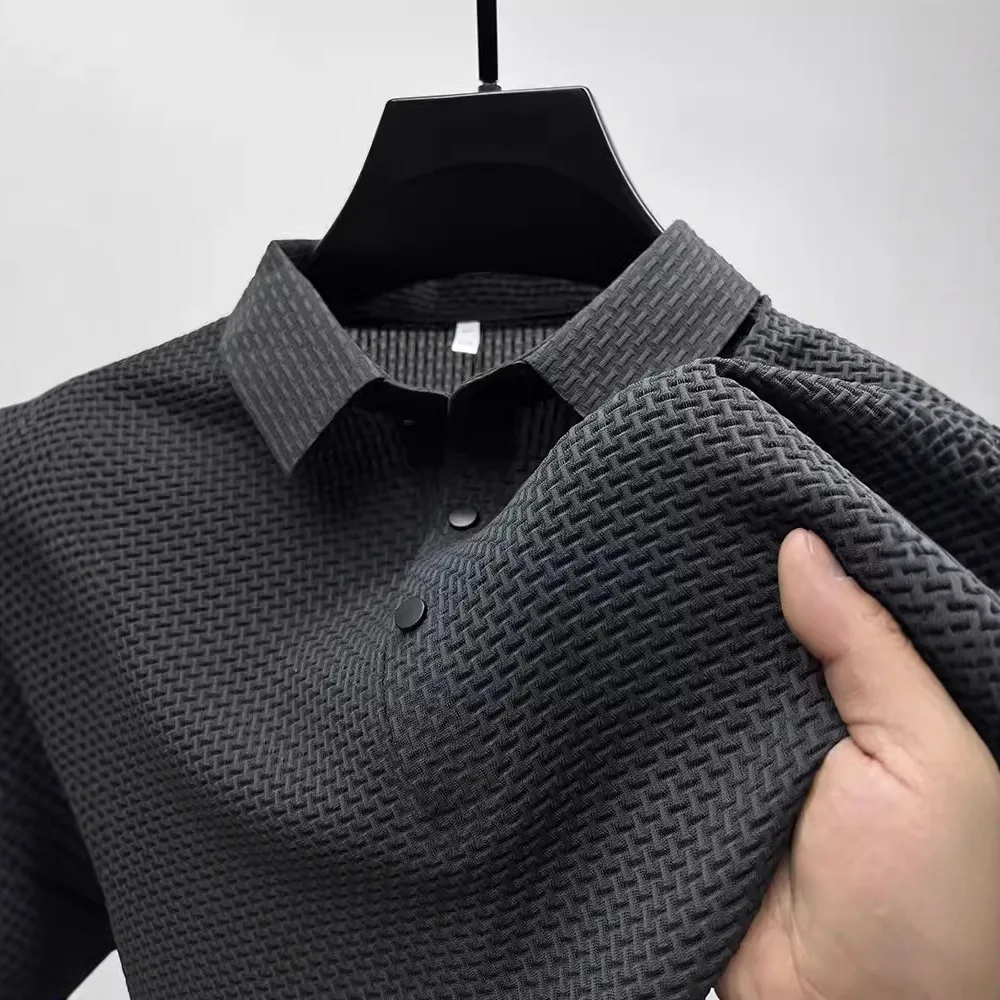 

Летняя деловая повседневная мужская рубашка-поло из ледяного шелка с короткими рукавами и лацканами, дышащая сетчатая ткань, однотонная, быстросохнущая, легкая