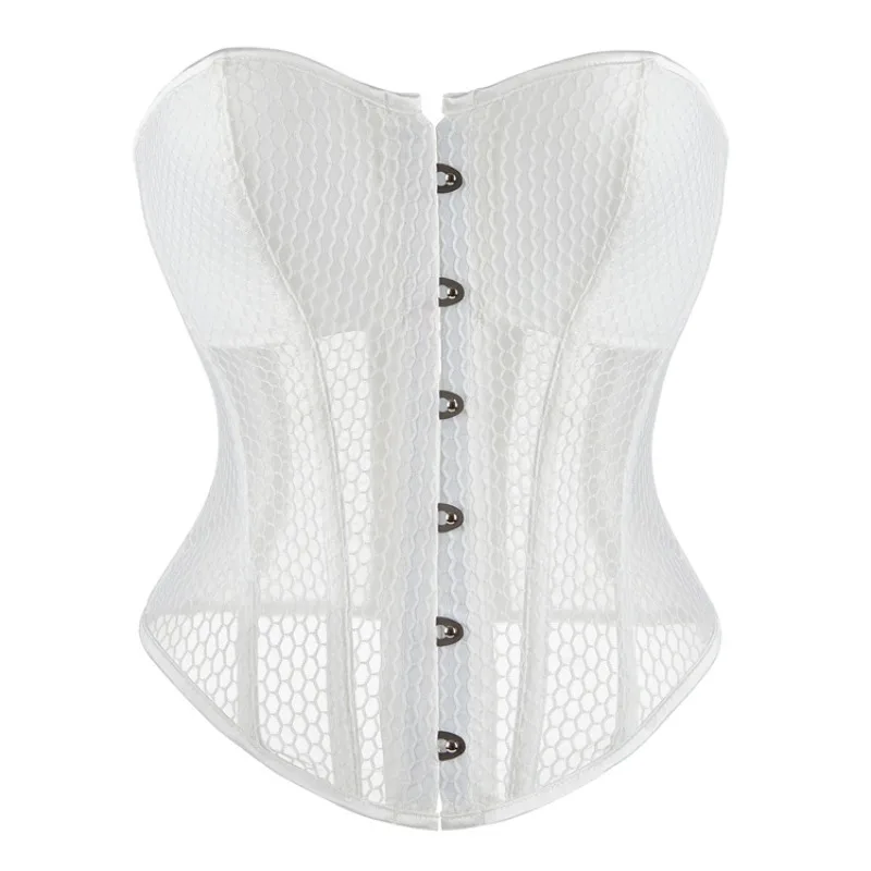 

White Corsets Top Women Overbust Bustiers Mesh Breathable Padded Cup Lingerie Slimming Gothic Steampunk Corsets