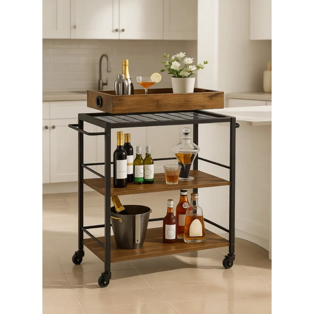 

Трехуровневая кухонная тележка на колесиках со съемным подносом, мобильный стеллаж-остров на колесах, с тормозами и регулируемыми ножками, цвет: рустик коричневый/черный