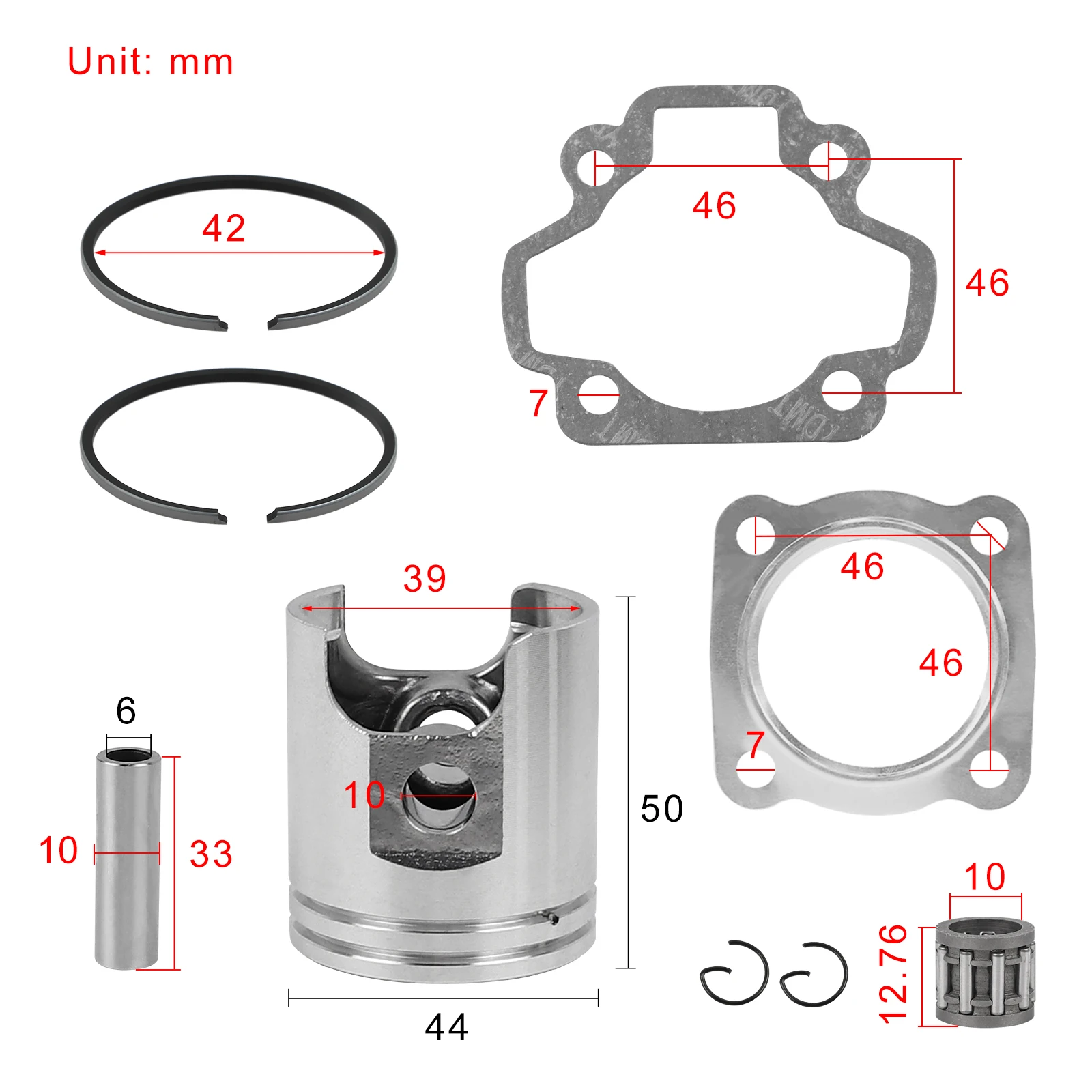 44mm Big Bore Piston Kit with Rings Needle Bearing Gasket for YAMAHA PW50 PW 50 PW60 QT60 60cc Peewee50 QT50 Dirt Pit Bike