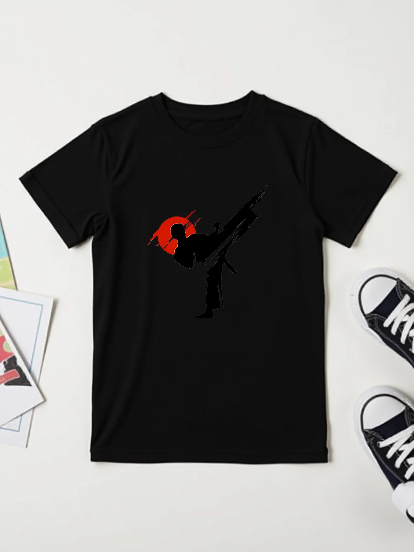 Children's Martial Arts Printed T-shirt Taekwondo Training Clothes Cartoon Kung Fu Pattern Short Sleeve Parent Child Top
