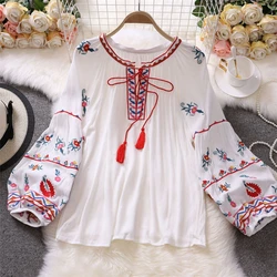 Women Vintage Cotton Linen Blouse Spring Long Sleeve Ruffles Tops Femininas Embroidery Shirt Robe Casual O Neck Blusas