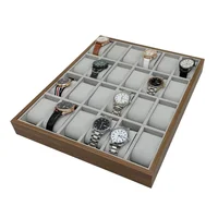 Caja de exhibición de reloj de madera de grano de nogal, organizador de relojes de pulsera, bandeja de exhibición, soporte de relojes con almohadas, estuches de regalo, 24 ranuras