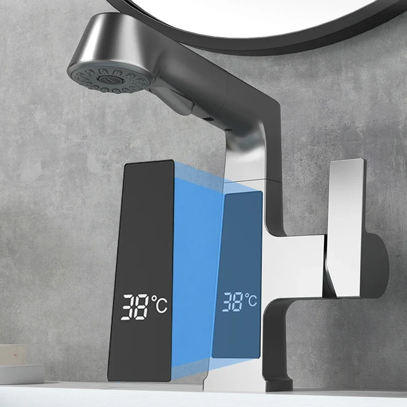 Pull Out Intelligent Digital Display 360 Degree Rotary Brass bathroom Basin Faucet Hot&Cold Basin Tap Mixer With Slide Bar