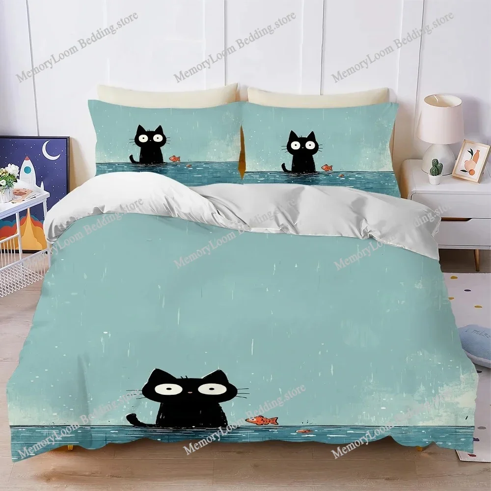 Cute Black Cat and Fish Duvet Cover Set Home Style Bedding Soft Laundry Cotton Bed Student Dormitory Gift Home Textileextile741