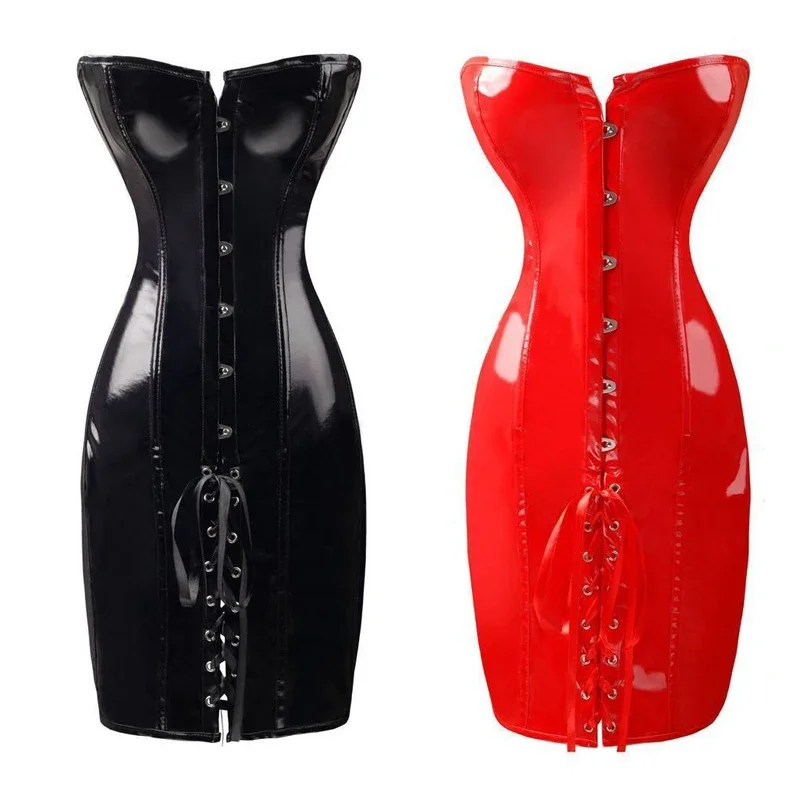MN1 女性のセクシーなウェットルッククラブドレスレースアップバックコルセットドレス黒赤ナイトクラブ PVC ウエスト形状膝丈ビスチェドレス 9 * JY