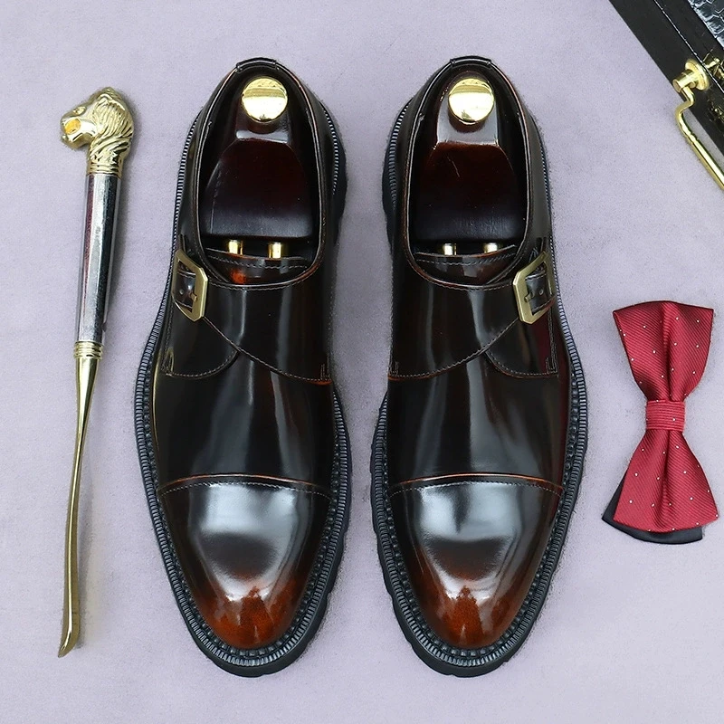 ThickSole Homens Couro Genuíno Única Fivela Vestido Sapatos Negócios Monge Sapatos Formais Masculinos