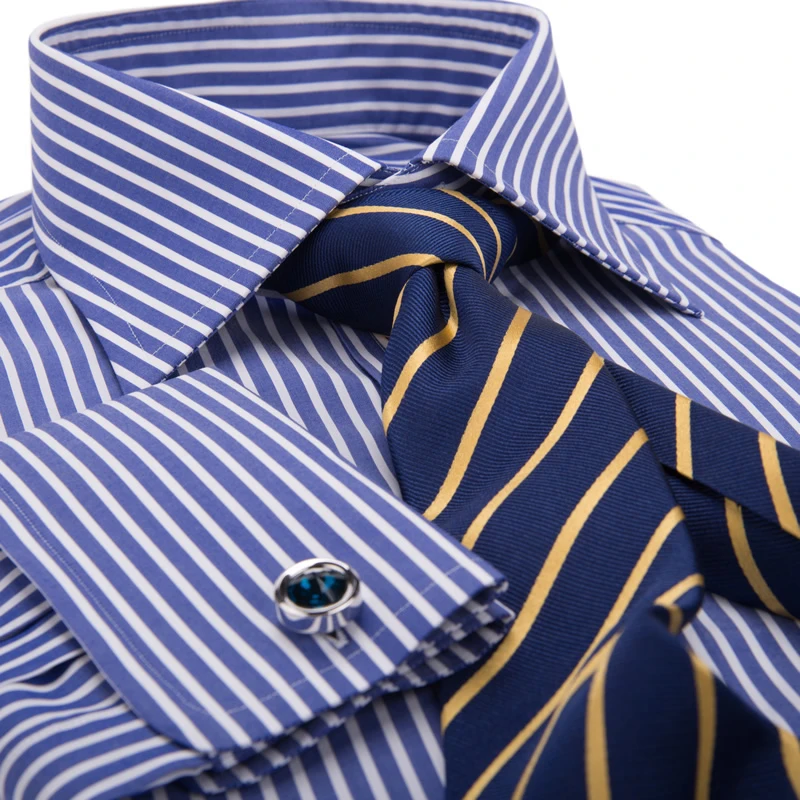 High quality double button high necked men\'s long sleeved shirt with 100% cotton blue stripe custom French shirt for men