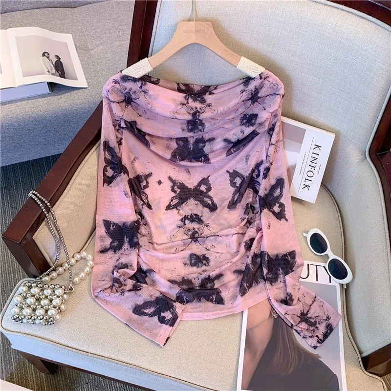 

Ретро-футболка с длинным рукавом в стиле тушевой живописи, женская тонкая сексуальная футболка на одно плечо, базовая футболка, солнцезащитный топ, повседневный топ без рукавов