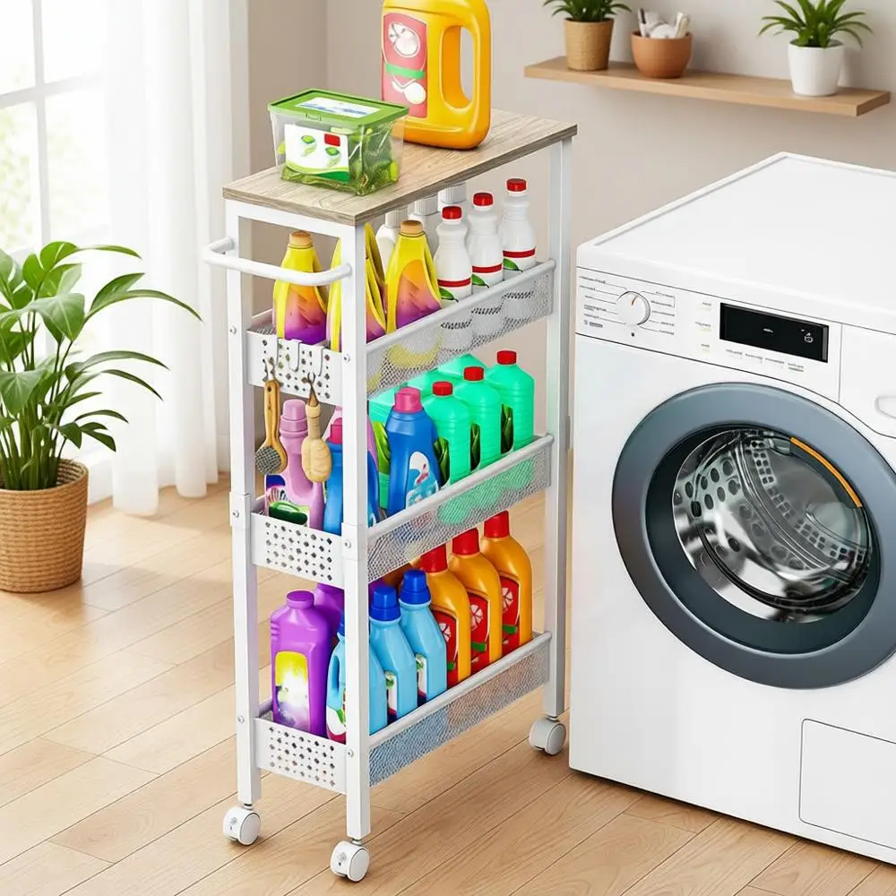 

4-Tier Rolling Kitchen Cart with Wooden Top for Storage in Laundry and Bathroom