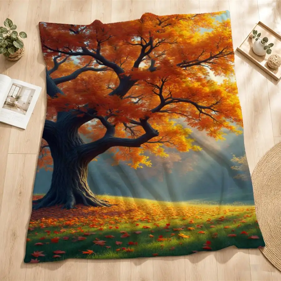 Serene Autumn Tree Flannel Throw Blanket - Soft Warm Weighted Bedspread Suitable for Couch, Bed, Office & Travel, Vibrant Orange/Yellow Foliage Design, Machine Washable Cozy Gift for,,, Contemporary Bedding for Seasons, 2D Flat
