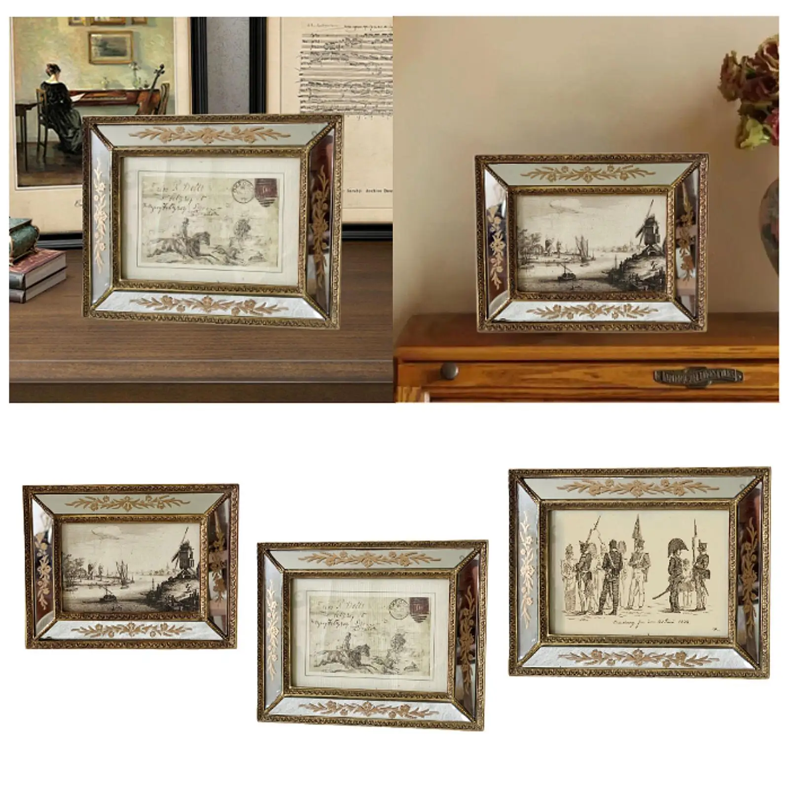 Украшенная фоторамка Настольный дисплей Настенные художественные подарки Зеркальный декоративный настенный орнамент Роскошная рамка для фотографий из смолы в деревенском стиле