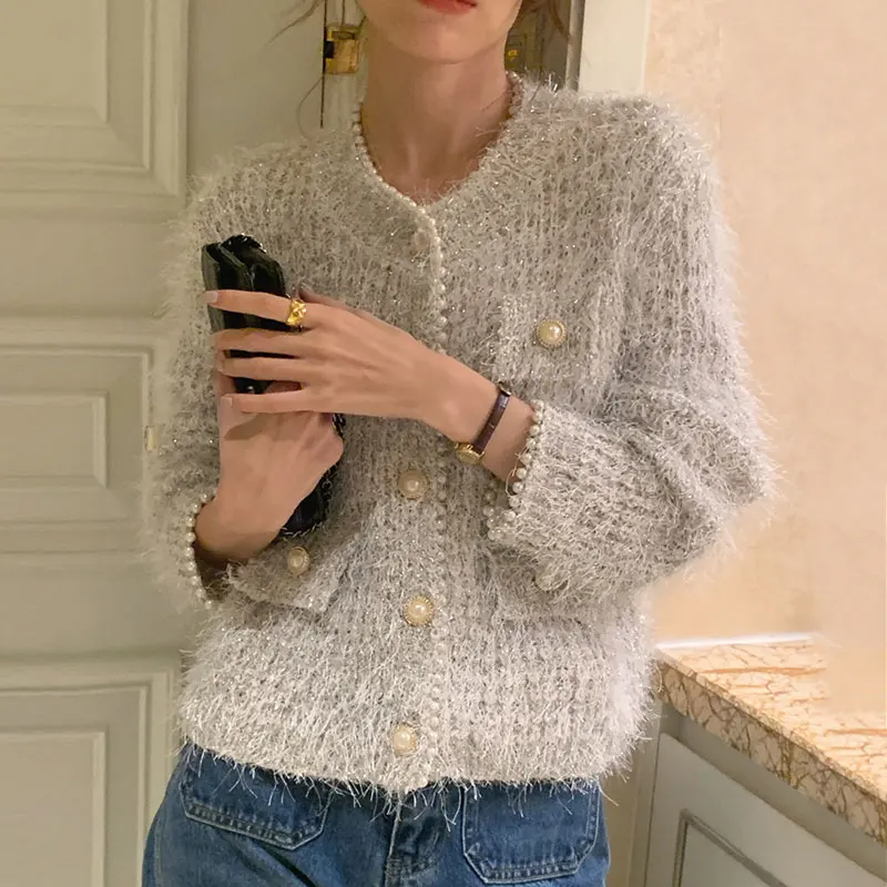 Pearl Beading Elegant Knit Cardigan Sweater Women Korean Stylish Shiny Thread Tops Long Sleeve O-neck Vintage Coats Jumpers 2024