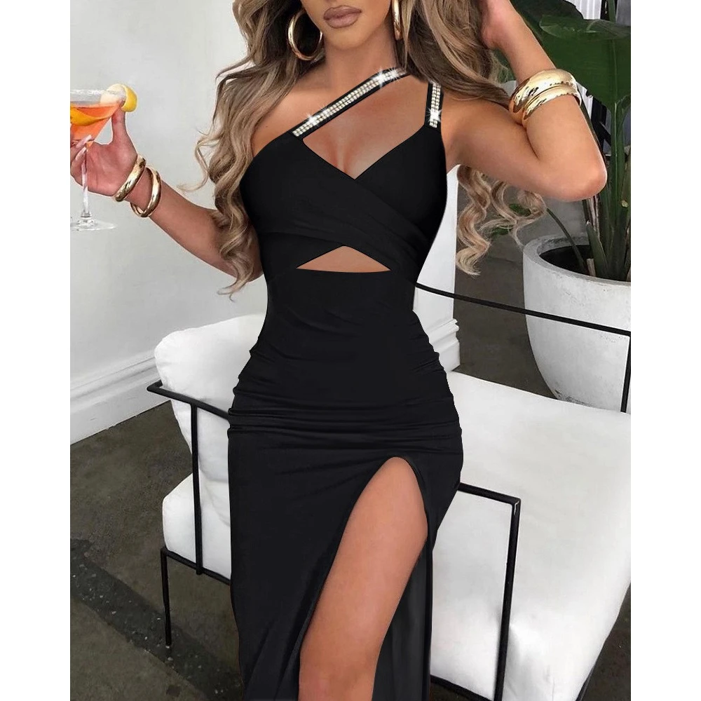 

Summer Women One Shoulder Strap Prom Dress Sexy Waist Cut Out High Split Black Dress Femme Rhinestone Decor New in Elegant Dress