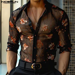 INCERUN Men Shirt Mesh Patchwork Flower Printing Lapel 3/4 Sleeve Men Clothing Streetwear Transparent Fashion Casual Male Shirt