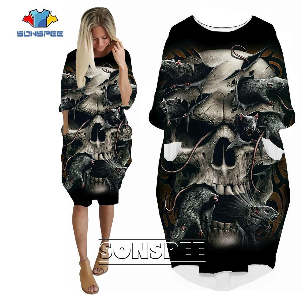 SONSPEE Novelty Gothic Skull with Mouse Graphic 3D Print Women's Dress Lady Cosplay Retro Skull Harajuku Pocket Skirt Streetwear