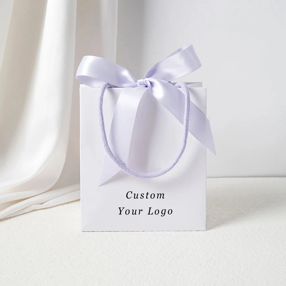 50/100Pcs  Custom Logo 15.5x13.5x7.5cm White Jewelry Paper Handle Bag Cosmetic Wedding Favors Gift Tote Ribbon Shopping Handbags