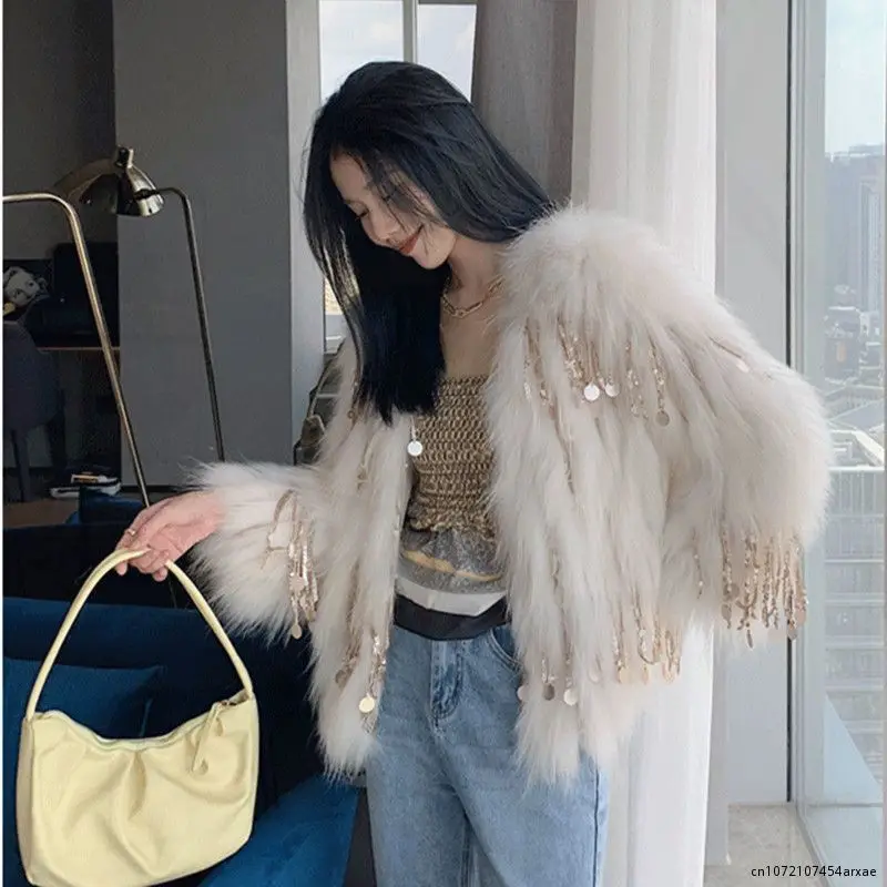 Women's Short Imitation Raccoon Winter Faux Fox Fur Grass Sequined Tassels Coat Fur Beaded Fringed Bomber Jacket Cardigan Abrigo