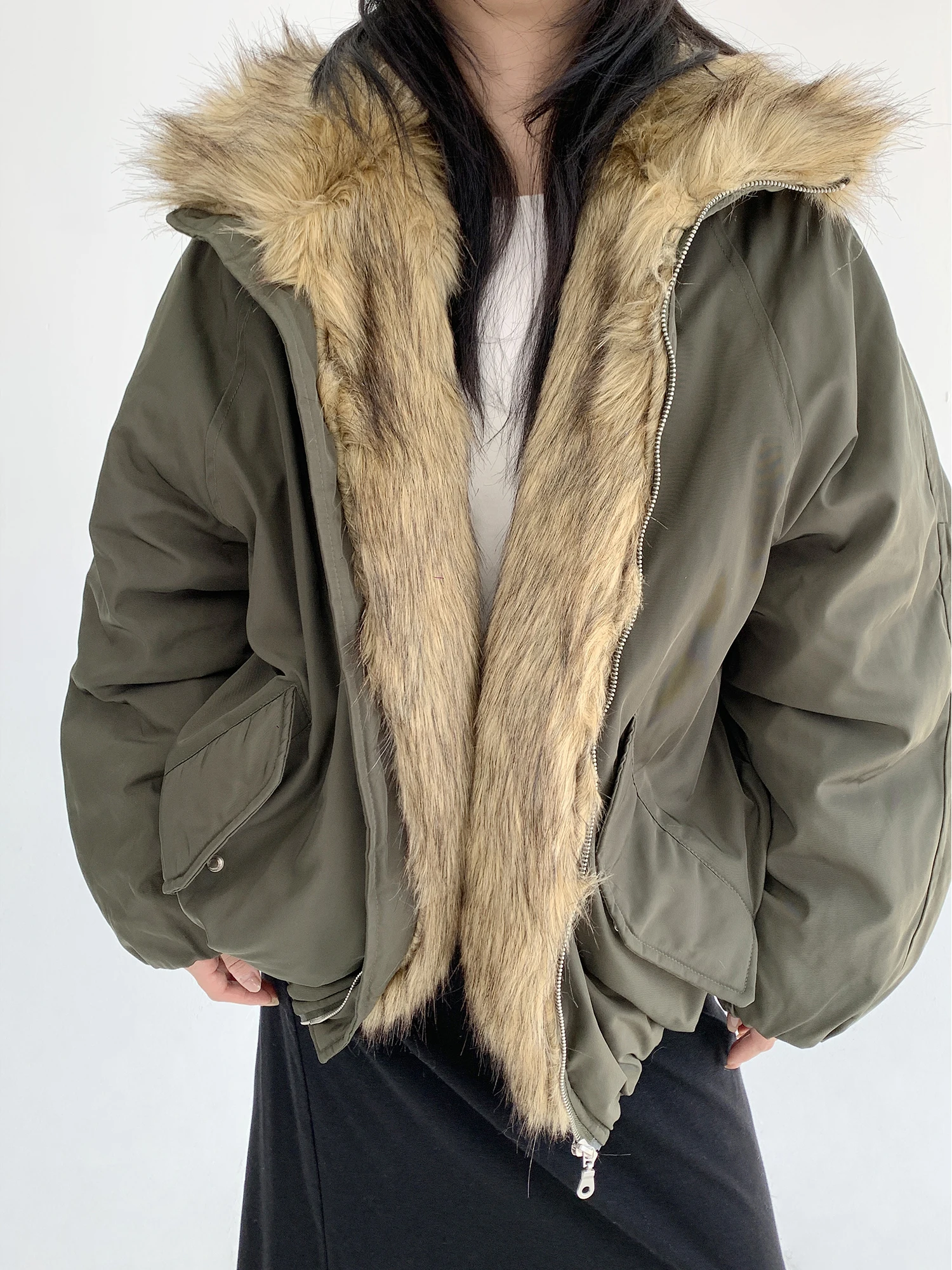 

Thiened Cotton Jaet Women's Winter Coat with Fur Collar Loose Fit Patchwork Design Street Sle Casual Long Sve Zipper