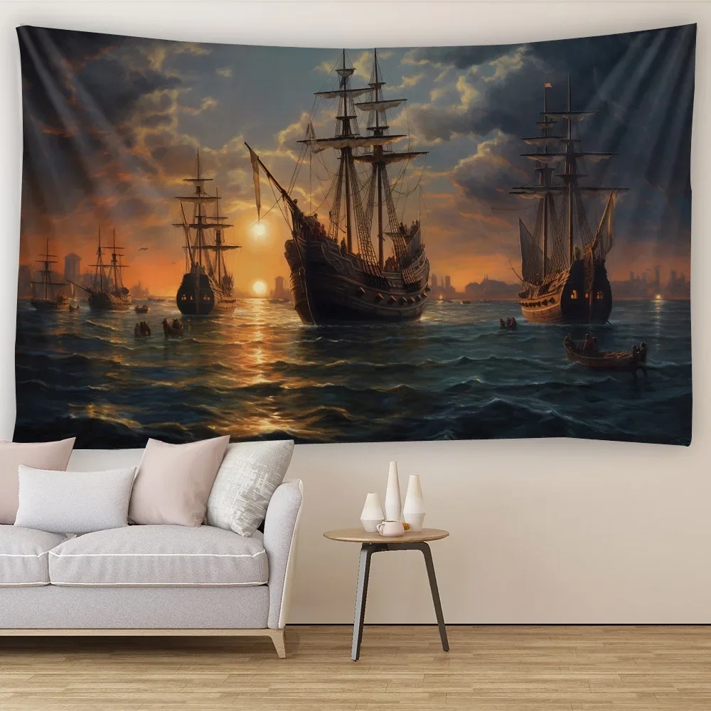 Mysterious Pirate Ship Tapestry - Fantasy Navigation Wall Hanging Wave Aesthetic Home/Dormitory Art Decor Background Cloth