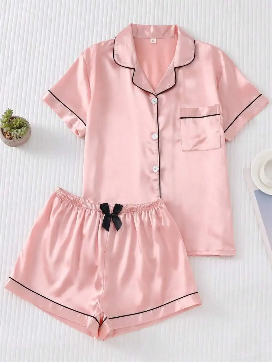 

2-Piece Pink Satin Pajama Set with Collar Top and Bow-Trimmed Shorts