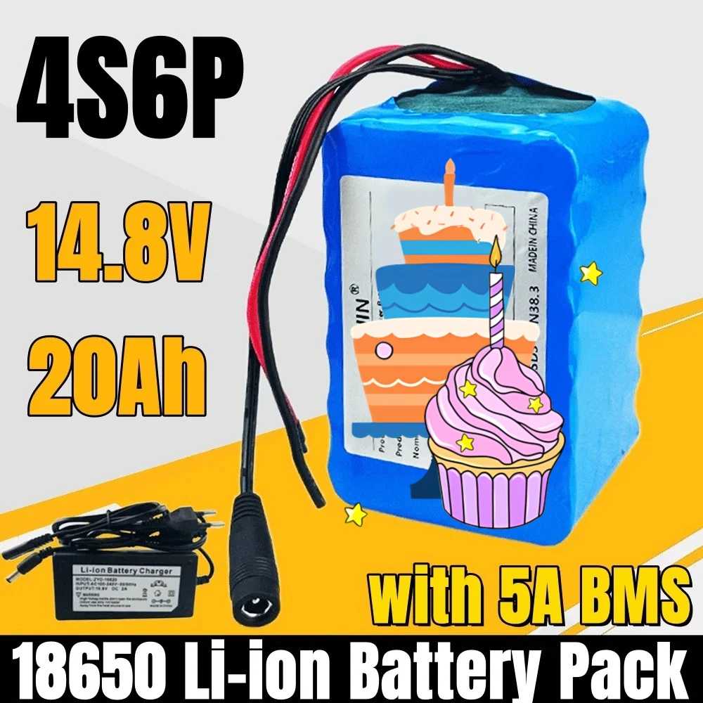 

✨ 4S6P 14,8 В 20 Ач 18650 литий-ионный аккумулятор с 5 А BMS для ночной рыбалки, лампа-нагреватель, усилитель шахтерской лампы и т. д. + зарядное устройство