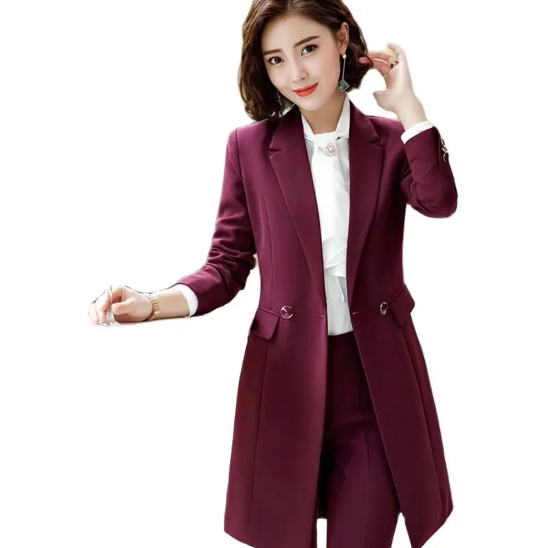 Elegant Wine British Styles Spring Fall Formal Blazers & Jackets Coat Middle Long Blazer Female Tops Outwear Clothes