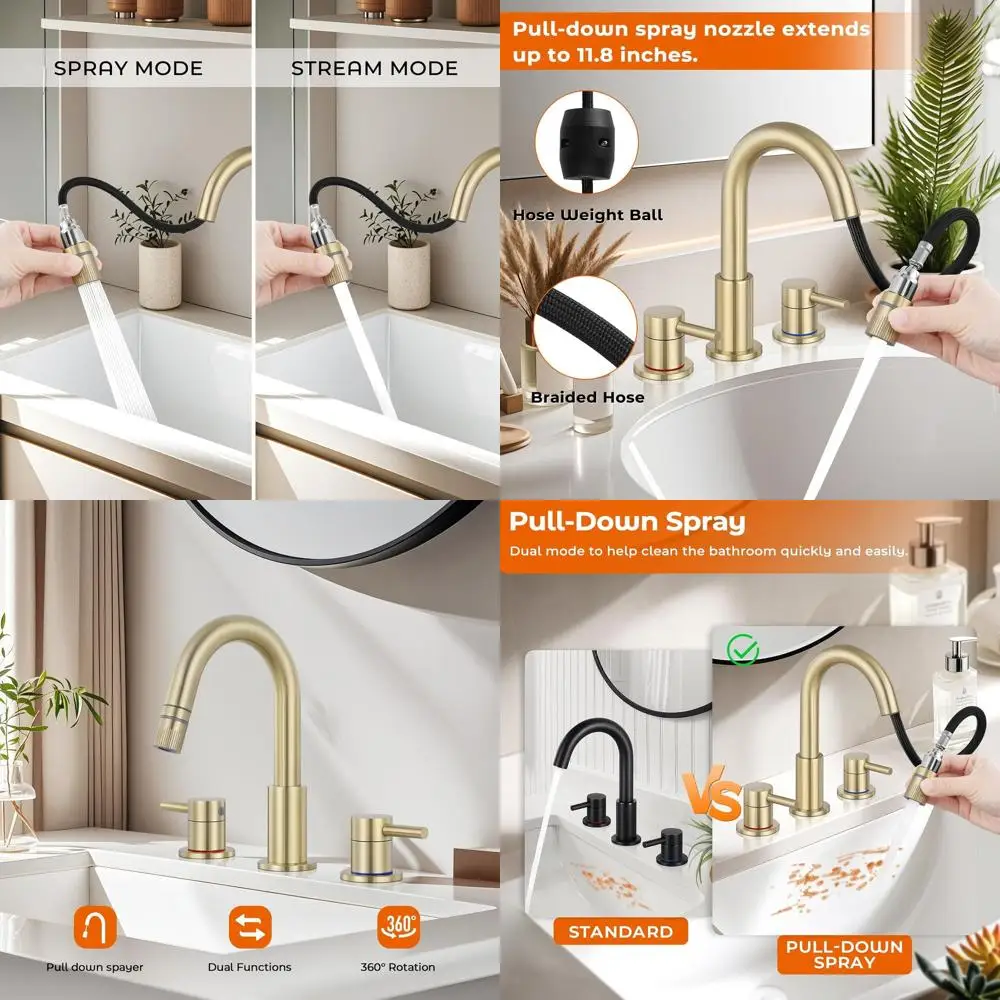 

3-Hole Brushed Gold Pull-Down Spray Faucet with 2 Modes and Pop-Up Drain, 8-Inch Widespread Sink Mixer