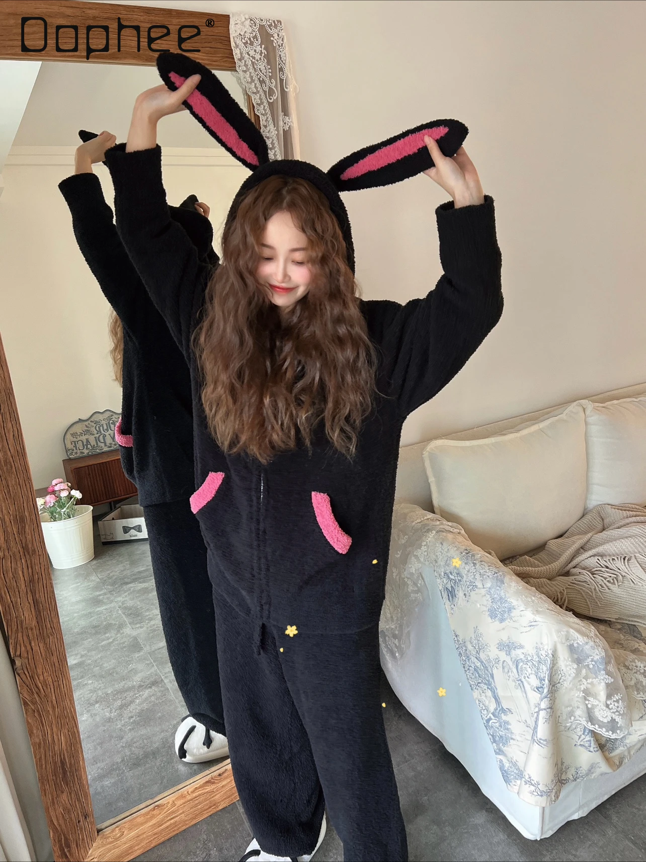 

Soft Cute Rabbit Ears Pajama Hooded Thickened Contrast Color Warm Homewear Black Long Sleeve Zipper Loose Pajama Sets