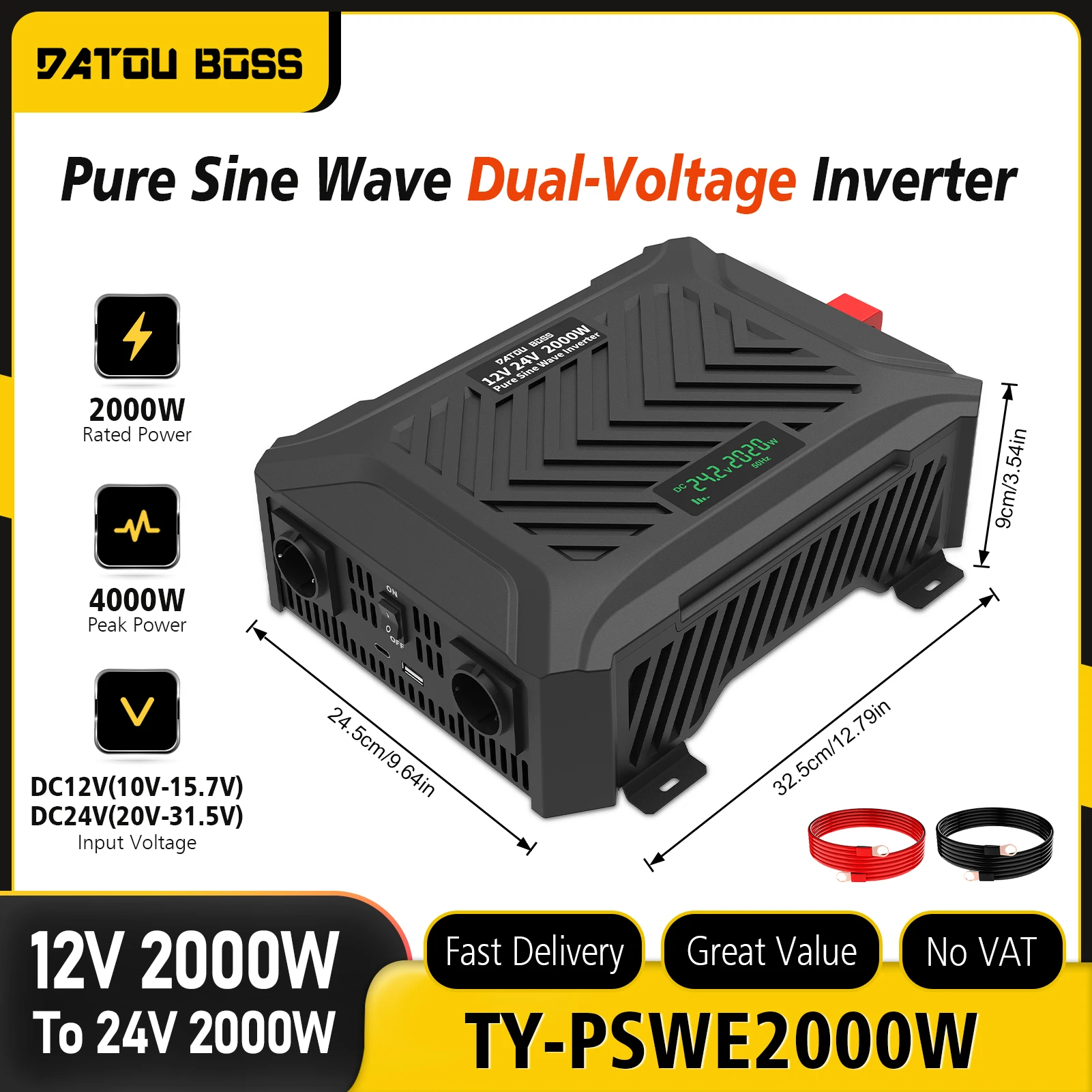 DATOUBOSS 2000W Reiner Sinus-Wechselrichter DC12V-24V Automatische Umschaltung Tragbarer Dual-Spannungs-Auto-Wechselrichter für Wohnmobile und netzunabhängige Solaranlagen
