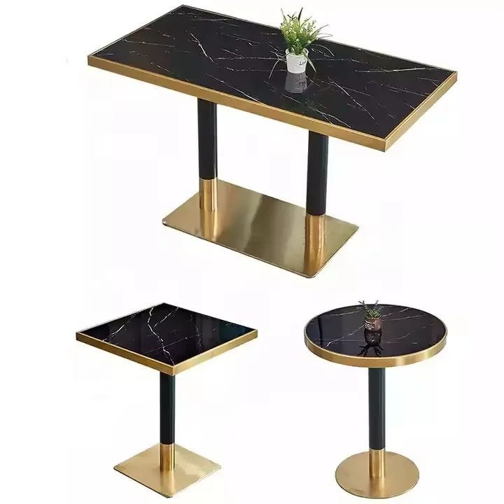 Hot Selling Luxury Commercial Restaurant Dining Table Golden Stainless Steel Leg Black Marble Table Furniture Set