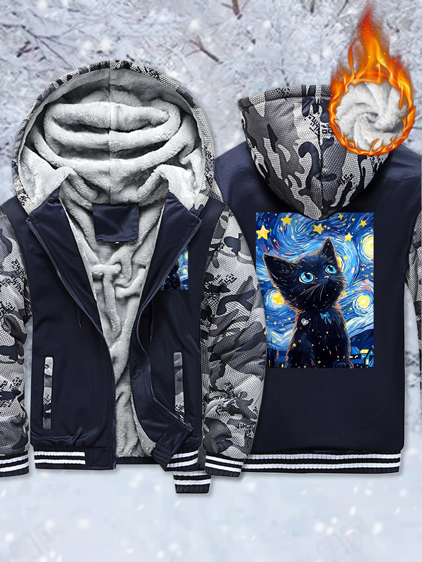 اللوحة الزيتية الملونة القط يطبع رشاقته معاطف الهيب هوب المتضخم سترة جيب سستة الشارع الشهير الشتاء الصوف للجنسين هوديس #1