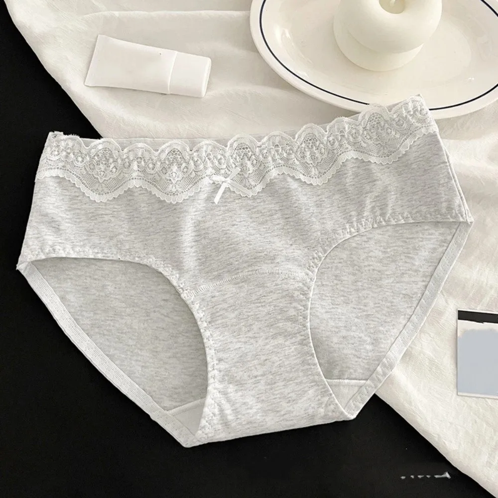 French Style Bow Lace Cotton Panties Transparent Mid Waist Underwear for Women Soft Seamless Floral Lace Briefs Lady