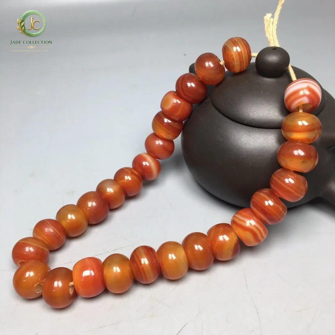 Tibetan Pure Natural Red Old Agate Dzi Silkworm Lines Beads Bracelet S0604