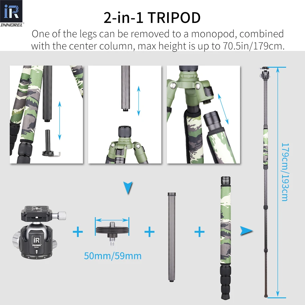 Army Green Carbon Fiber RT75CG/85CG Tripod Monopod  Heavy Duty Stand With 360° Panoramic Ball Head for Digital DSLR Camera