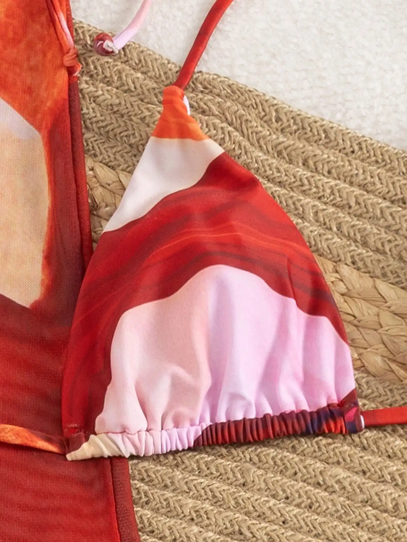 

3pcs Tie Dye Print Bikini Set With Halter Neck And Mesh Skirt