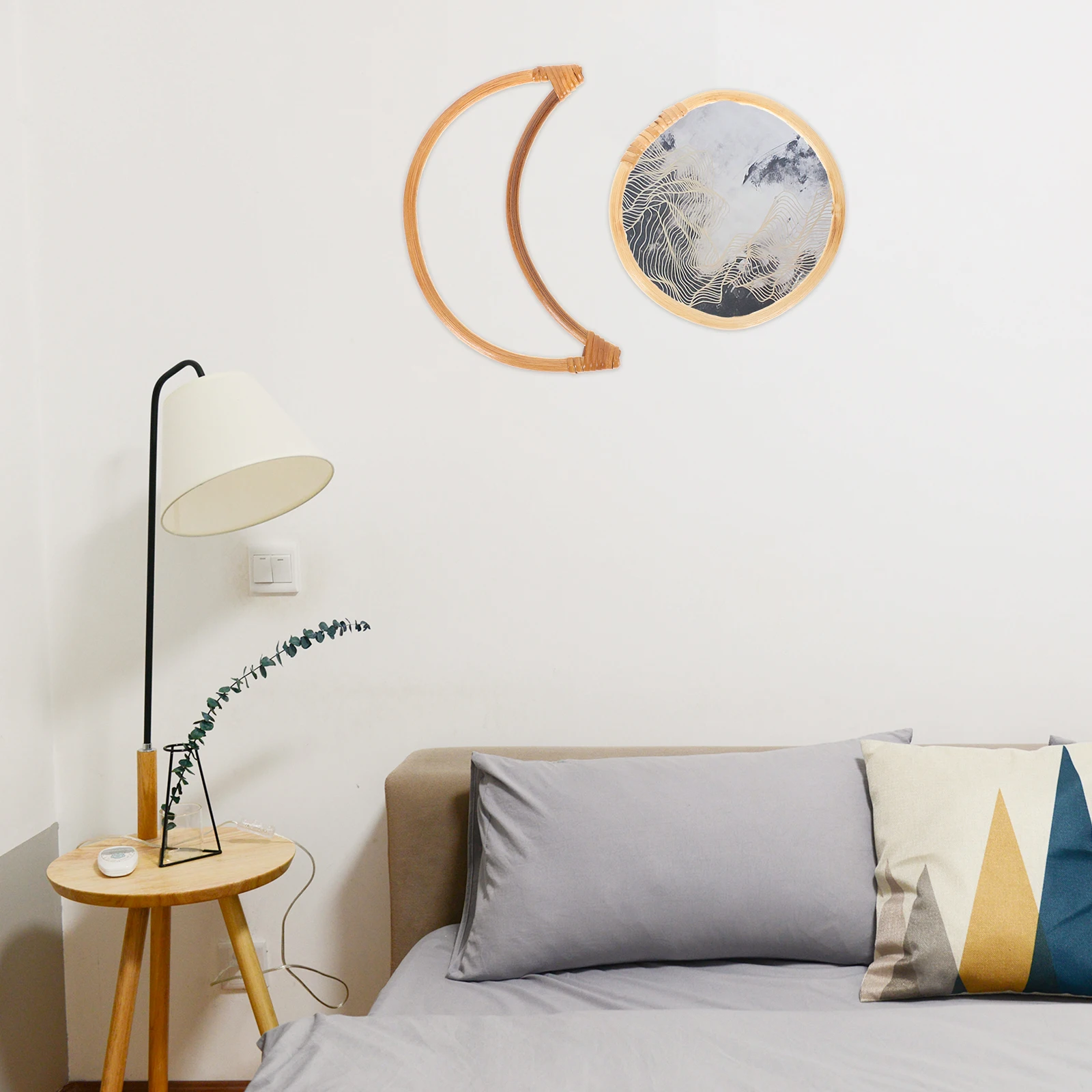 

2 pcs Bamboo Wall Decor Circle Moon Shape Indoor Home Hanging nament Wind Chime DIY Plant Simulations Christmas