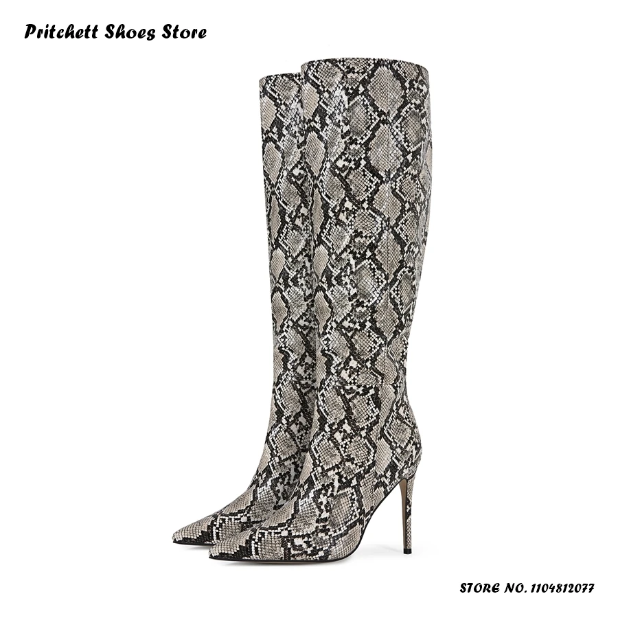 Women's Python Print Knee-high Boots Spring Autumn Daily Office Sexy Long Boots Pointed Toe Thin Heels Plus Size Footwear