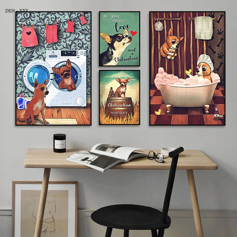 Vintage Wall Art Decoration Painting Cute Dog Sit on Toilet Chihuahua Canvas Posters Retro Coffee Shop Bar Bathroom Wall Decor