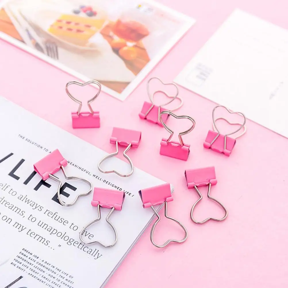 12pcs Metal Mini Binder Clips with Heart Shaped Handle Decorative Paper Clips Notes Letter Paper Clip for Office Home School (Pi