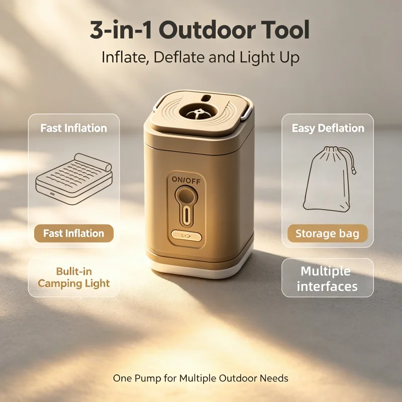 Low‑Pressure Air Pump Inflator Deflator, Type‑C Rechargeable Mini Pump with LED Light for Mattress Pool Floats Vacuum Bags