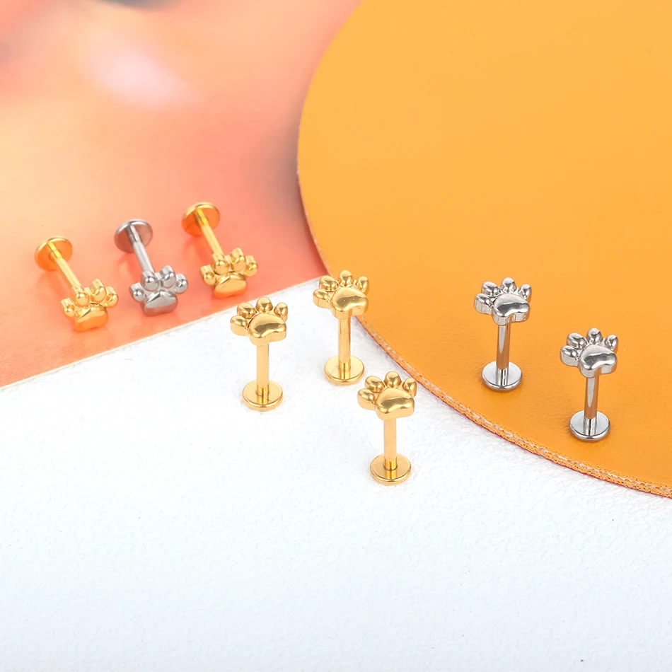 Implant Grade ASTM F136 Titanium Labret Piercing Lip Rings 16G Puppy Paw Internally Threaded Tragus Cartilage Helix Piercings