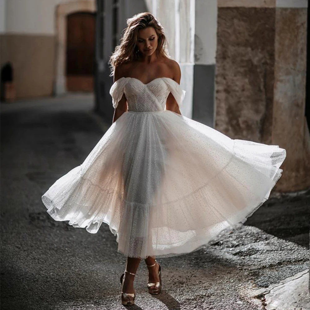 Mid-Calf Off the Shoulder Wedding Dress Sweetheart A-Line Pleat Beaded Belt Bride Marriage Register Romantic Gown Customized