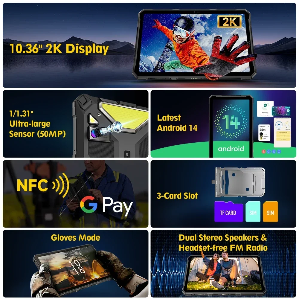 Ulefone Armor Pad 4 Ultra 5G Robustes Tablet Android IP68/IP69K Smart Pad 11800 mAh Akku 8 GB + 256 GB 10,36 Zoll LED-Licht Tablets PC